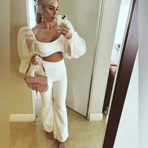 Bridal puff illusion long sleeve crop top and pant set in white